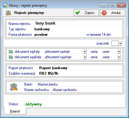 Podręcznik użytkownika Sage Symfonia Start Mała Księgowość 40 Tworzenie rejestru pieniężnego Dla nowej firmy predefiniowane są trzy rejestry pieniężne BANK, KASA i INNE odpowiadające trzem grupom