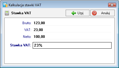 Podręcznik użytkownika Sage Symfonia Start Mała Księgowość 65 Kalkulacja stawki VAT faktury Rys. 79 Wybór podstawy naliczania kwoty VAT.