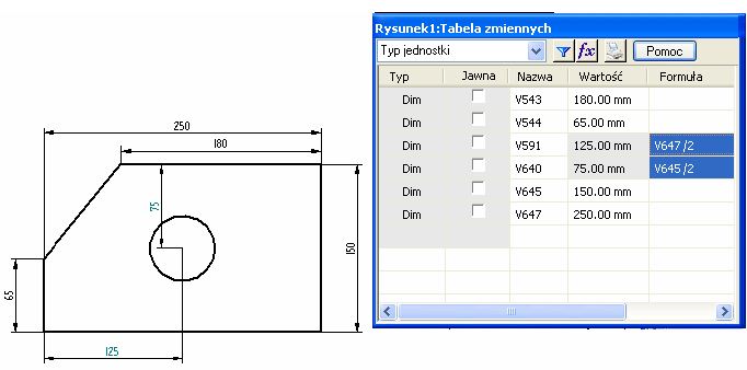 Rys. 24 Tabela zmiennych systemu Solid Edge automatycznie przechwytuje wartości wymiarów.