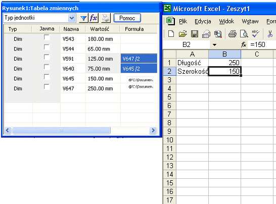 Rys. 25 W Solid Edge do parametryzacji obiektów mogą być wykorzystywane także arkusze kalkulacyjne (np. Excel) obsługujące technologię OLE.