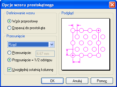 Wiersze tabeli wypełnione są przez numery otworów, natomiast w kolumnach znajdują się wymiary otworów. Działanie funkcji obejmuje zarówno okręgi, jak i łuki.