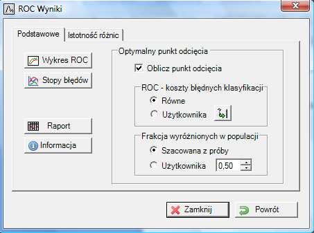 Program Krzywe ROC umożliwia: kreślenie krzywych ROC dla prób zależnych i niezależnych, obliczanie pola powierzchni pod krzywą, porównywanie istotności różnicy pól pomiędzy dwiema krzywymi ustalanie