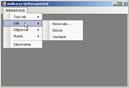 Na tym etapie aplikacja nie reaguje na klik poszczególnych pozycji menu, jest to spowodowane tym, że jeszcze nie zostały napisane odpowiednie procedury zdarzeniowe reagujące na klik danego polecenia.