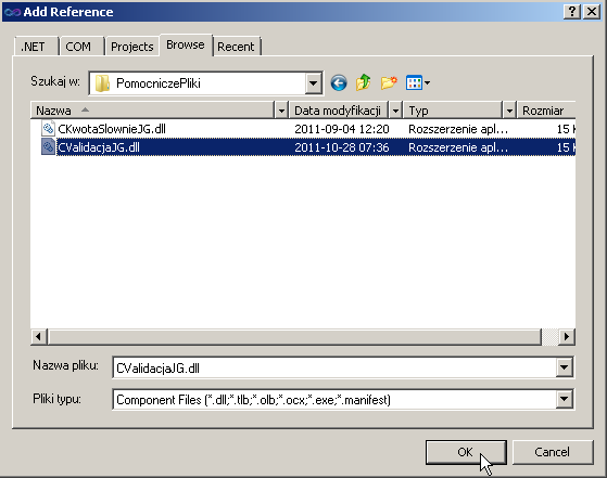 3.5.2 CValidacja W przypadku klasy CValidacja postąpimy inaczej, skorzystamy z faktu, że dysponujemy wersją DLL tej klasy, a więc wskażemy we właściwościach rozwiązania referencję do tej biblioteki.