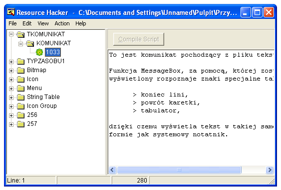 Gdy juŝ dany plik zostanie załadowany do programu, jego wygląd powinien być podobny do następującego: W lewym panelu pojawił się jak widać, zbiór wszystkich zasobów w postaci drzewa.