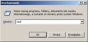 Sprawdzanie adresu IP w systemie Windows XP/2000 Kliknij kolejno: Start > Wszystkie programy > Akcesoria > Wiersz polecenia lub kliknij Start > Uruchom i w wyświetlonym oknie wpisz słowo cmd.