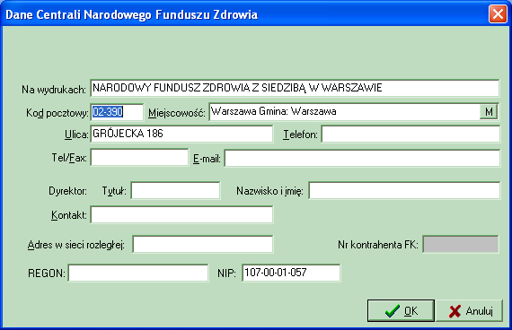 Ulica, Telefon, Fax, E-mail, Imię, nazwisko, tytuł naukowy oraz dane kontaktowe dyrektora, Adres WWW, REGON, NIP.