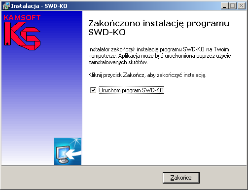 Rysunek 6 Okno instalacji programu SWD-KO krok6 Po poprawnym zainstalowaniu SWD-KO wyświetlane jest okno potwierdzające zakończenie instalacji Rysunek 7 Okno instalacji programu SWD-KO