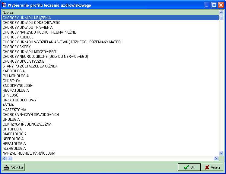 Rysunek 117 Wybieranie profilu leczenia uzdrowiskowego Z listy tej moŝna wybrać dowolną ilość profili, w zaleŝności od potrzeb uzdrowiska. Aby usunąć określony profil naleŝy uŝyć przycisku. 7.3.2.