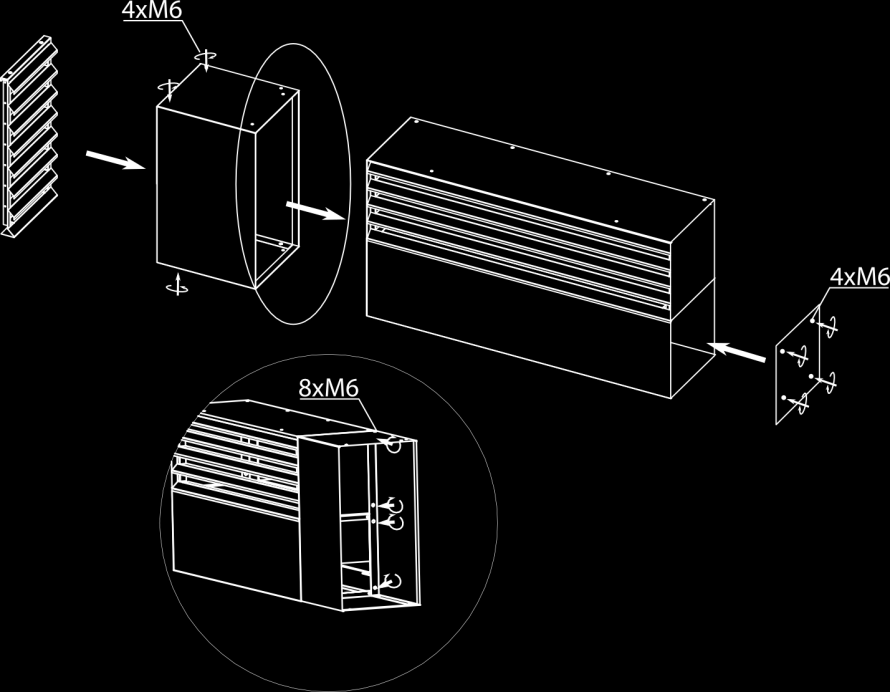 3.5. Changing air outlet position Montaż wyrzutni powietrza z prawej/lewej strony Dismount side grill. Zdemontować kratkę wyrzutni powietrza. Dismount side duct and cover.