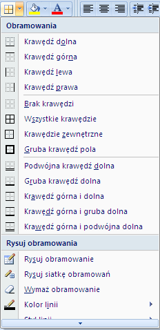 4.5.3.4 Zastosowanie obramowania komórki lub bloku komórek: rodzaj, grubość i kolor linii.