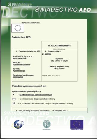 Certyfikaty Zgodność produktów Marcopol z normami ISO, DIN, PN;