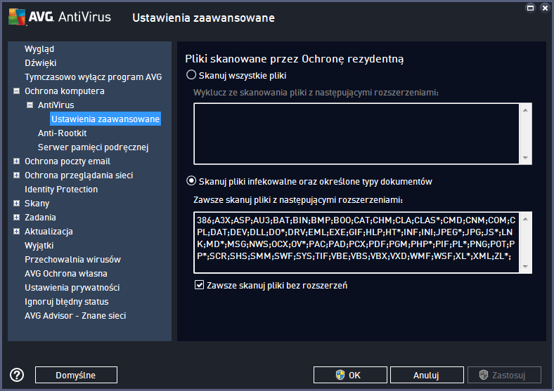 W oknie Pliki skanowane przez Ochronę Rezydentną można określić, które pliki mają być skanowane (według ich rozszerzeń): Zaznacz odpowiednie pole, w zależności od tego, czy chcesz skanować wszystkie