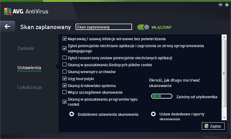 Elementy sterujące dostępne w oknie Zapisz Powoduje zapisanie wszystkich zmian wprowadzonych na dowolnej karcie okna dialogowego i powrót do przeglądu zaplanowanych skanów.