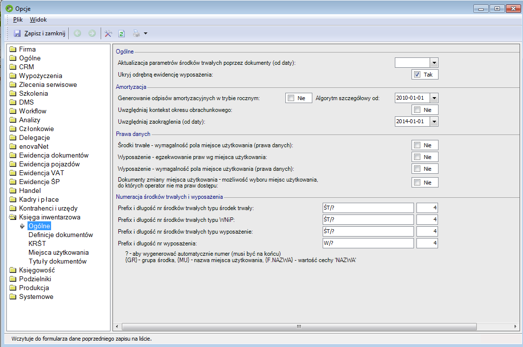 Konfiguracja Księga Inwentarzowa Ogólne Konfiguracja księgi inwentarzowej Generowanie odpisów amortyzacyjnych w trybie rocznym umożliwia naliczenie amortyzacji w pełnej kwocie rocznego odpisu w