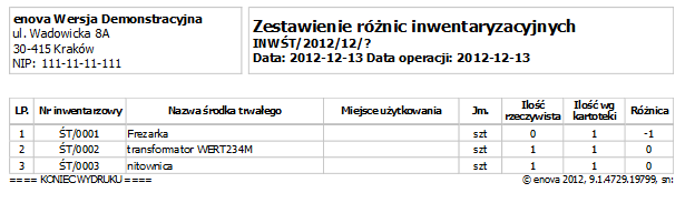 Dokumenty inwentaryzacji można generować dla różnych miejsc użytkowania lub jeden dla wszystkich miejsc użytkowania.