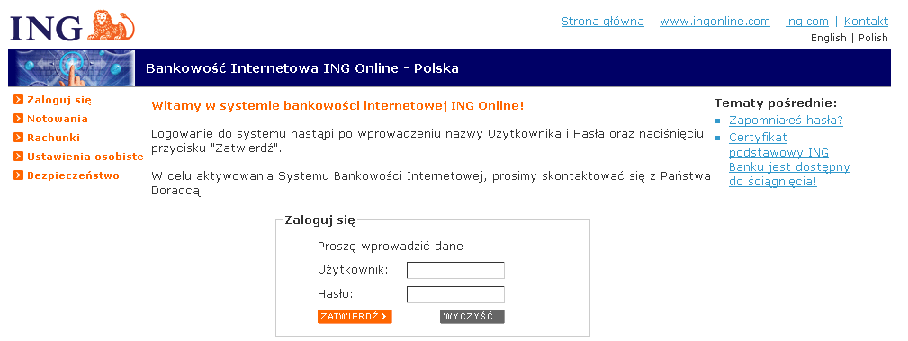 Po poprawnym wprowadzeniu PIN-u oraz sprawdzeniu czy certyfikat jest waŝny, ukaŝe się strona systemu ING Online.