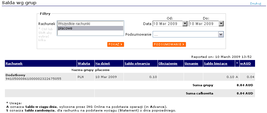 W celu uzyskania informacji dotyczących sald zgrupowanych według grup uŝytkownika naleŝy zdefiniować zakres dat, dla których salda mają zostać wyświetlone w polach Data oraz wybrać grupy rachunków z