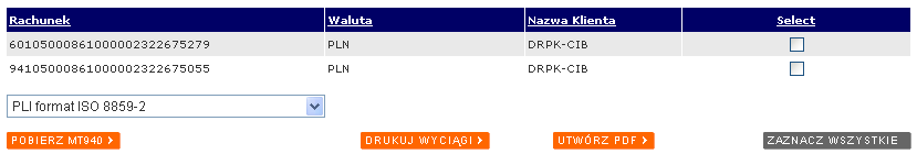 W celu wyświetlenia i wydrukowania wyciągów naleŝy zdefiniować następujące pola: Data naleŝy wprowadzić daty początku i końca okresu, z którego wyciągi mają zostać pobrane Daty mogą zostać