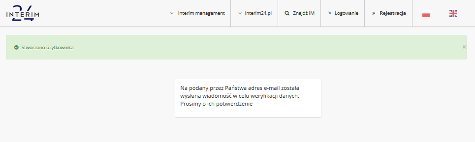 1.3. Po dokonaniu poprawnej rejestracji pokaże się na stronie WWW komunikat