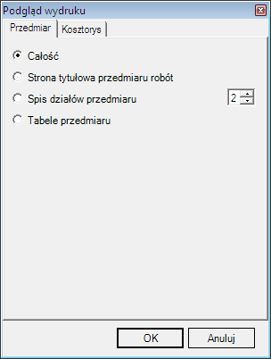 6.15 OPIS FUNKCJI PODGLĄD WYDRUKU: Zakładka Przedmiar: Strona tytułowa przedmiaru robót pozwala podejrzeć wygląd strony tytułowej przedmiaru robót, Spis działów przedmiaru pozwala użytkownikowi na