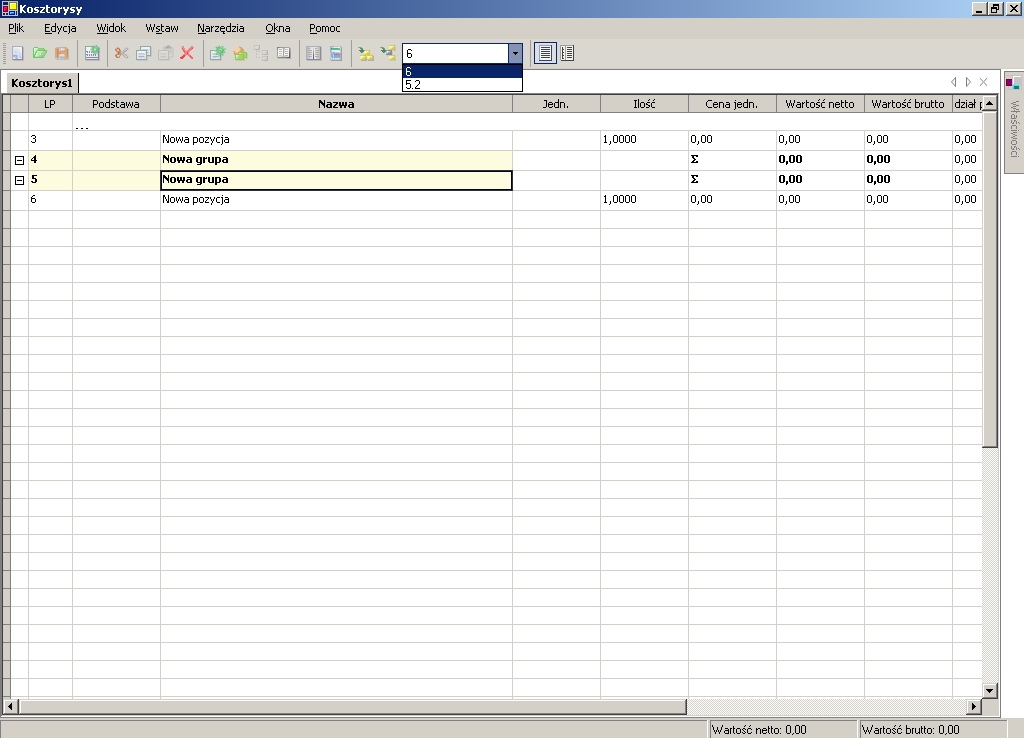 6.16 OPIS FUNKCJI WSTAWIANIA POZYCJI I GRUPY: W pasku stanu mamy grupę ikon pozwalających na wprowadzanie do kosztorysu pozycji i grup (odpowiednio pierwsza i druga ikona), a także okno podglądu