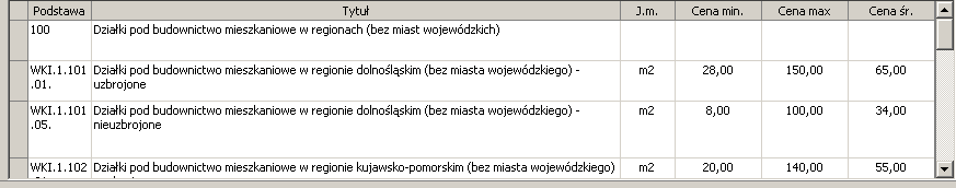 Okno podglądu, w zależności od typu bazy cenowej, składa się z wielu kolumn, przy czym zawsze pojawiają się trzy kolumny: Podstawa, Tytuł i J.m. 4. Filtracja Okno to służy do filtrowania baz cenowych.