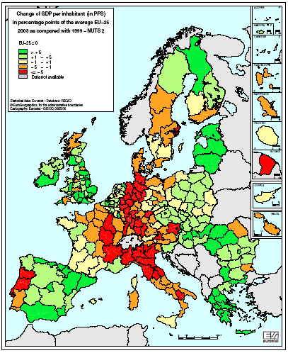 Jeśliby przyj ąć, że zmian ę PKB w UE w latach 1999-2003 przyjmiemy na poziomie 0, to jak obrazuje poniższa mapka, niektóre regiony wręcz trac ą dystans do ś redniej unijnej.