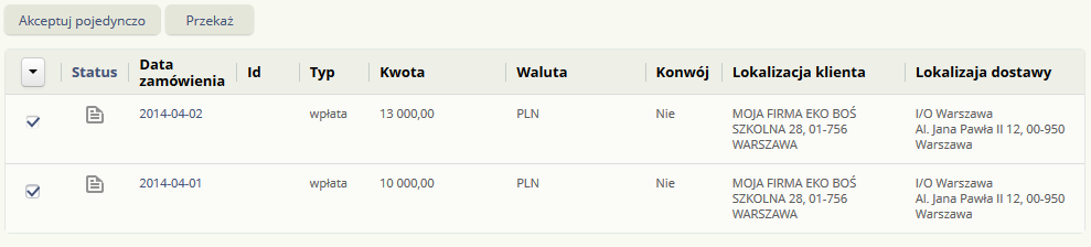 1.3.9 Pobranie pliku potwierdzenia zamówienia dostarczenia gotówki Użytkownik ma możliwość pobrania pliku zawierającego potwierdzenie wybranego zamówienia przekazanego do systemu obsługi gotówki.