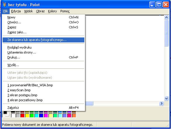 Żeby rozpocząć skanowanie należy wybrać w programie opcje z menu: Plik/Ze skanera lub aparatu fotograficznego Microsoft Photo Editor Program dostępny jest w pakiecie Microsoft Office.