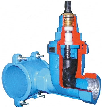 ADAPTABLE SADDLE VALVE TYPE NWZ with soft seal of wedge and replaceable seal of spindle for PCV/PE pipes 1. Body 2. Bonnet 3. Wedge 4. Spindle 5. Guide Bushing 6. Blocking nut 7. Wedge brass plug 8.
