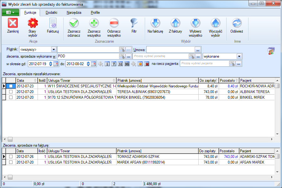I w ten sposób przygotować zlecenia różnych pacjentów do umieszczenia na jednej fakturze W tej chwili jeszcze funkcja fakturowania sama wytnie zlecenia innych pacjentów jeśli warunki nie