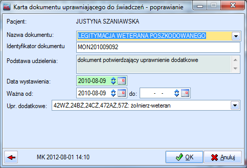 Jeśli pacjent nie ma żadnego uprawnienia dodatkowego, ani też dokumentu poświadczającego uprawnienie, użycie wskazanego przycisku od razu przeniesie operatora do okna wprowadzania dokumentu