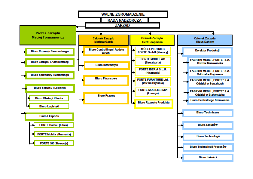 Schemat podziału odpowiedzialności Członków Zarządu Fabryk Mebli FORTE S.A, obowiązujący na koniec 2013 roku.