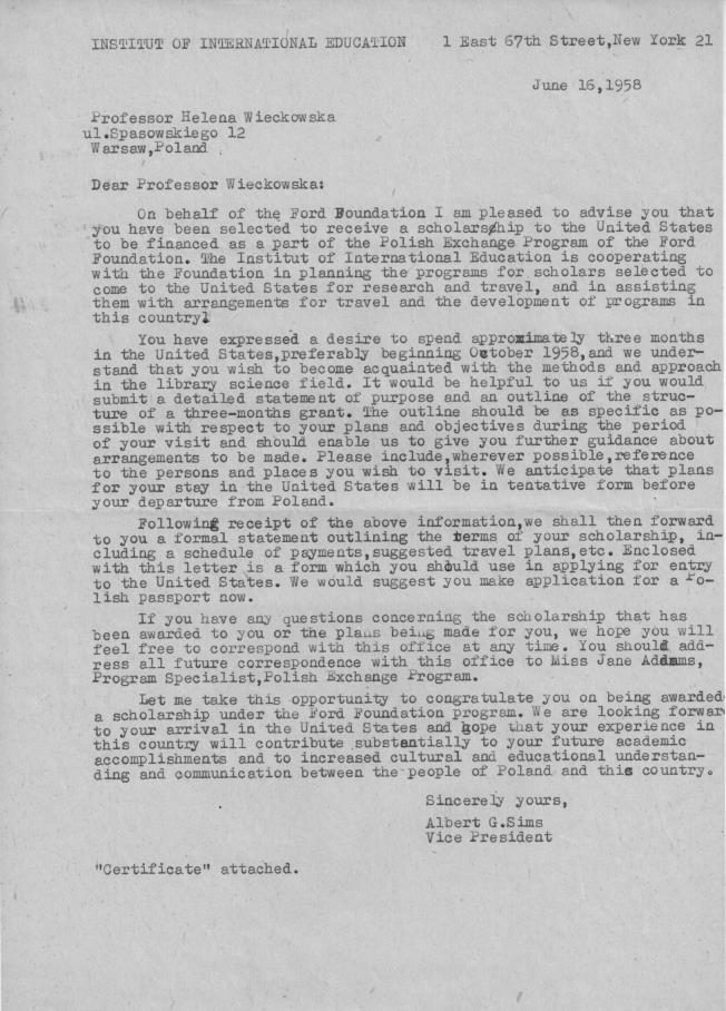 Fundacja Forda wrzesień listopad 1958 opieka Institute of International Education - polski programu wymienny (Polish Exchange Program) w Nowym Jorku fot.