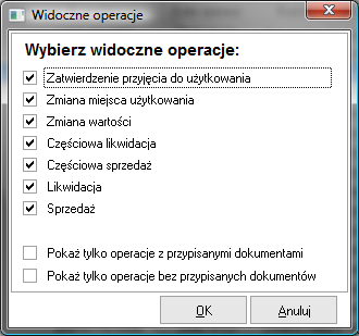 Okno Dokumenty operacji środków do zarządzania dokumentami środków trwałych.