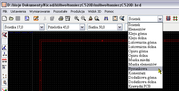 Tą ikonką włączamy autorouter automatyczne trasowanie ścieżek Tu klikamy aby wczytać netlistę do programu PCBnew Tą ikonką włączamy automatyczne rozmieszczenie elementów na płytce Rys.