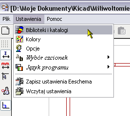 Rys. 19 Rys. 20 Po utworzeniu nowej biblioteki musimy spowodować aby była ona dostępna w edytorze schematów Eeschema. W tym celu z menu Ustawienia wybieramy opcję Biblioteki i katalogi tak jak na Rys.
