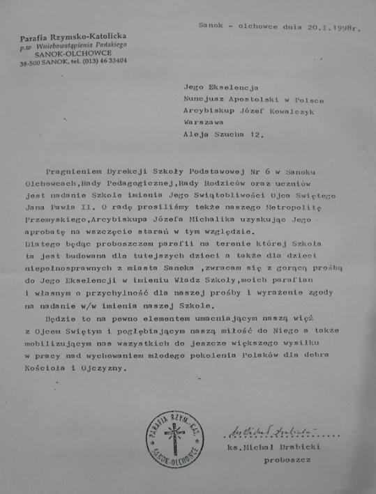 List do Jego Eminencji Noncjusza Apostolskiego ks. Abp. Józefa Kowalczyka 7 stycznia 1998 roku List ks.