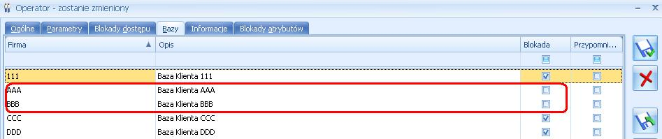 Na formatce takiego operatora Biuro Rachunkowe blokuje dostęp do wszystkich baz poza bazą/bazami, które są firmowymi bazami tego Klienta.