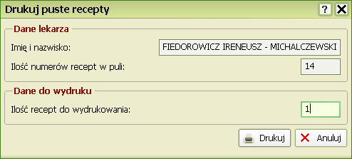 Drukuj puste recepty Aby wydrukować puste recepty należy wcisnąć przycisk w oknie zarządzania wydrukami.