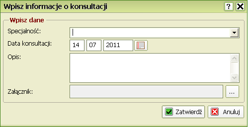 Wprowadzanie informacji o konsultacjach Po wybraniu z menu opcji Informacje o konsultacjach ukaże się formularz Wpisz informacje o konsultacji : Formularz umożliwia dodanie nowych informacji