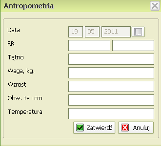 Wybierz aby usunšć wybranš antropometrię Dodawanie antropometrii: Antropometria (dzieci) W przypadku dzieci do 1 roku życia formularz ma następującą postać: W czasie wizyty należy dokonać nowych