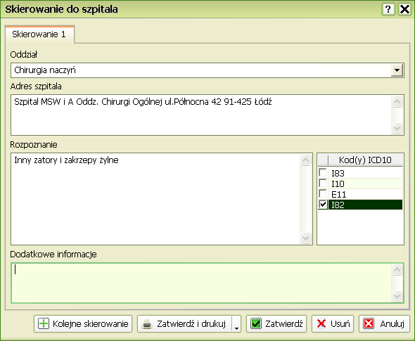 Wybierz z rozwijanej listy oddział do którego skierowany będzie pacjent. Wpisz adres szpitala (jest to pole opcjonalne więc może pozostać niewypełnione).