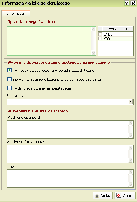 Wybierz z listy pola Kod ICD-10 oraz Wytyczne dotyczące dalszego postępowania medycznego (m.in.