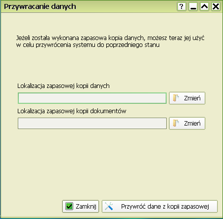 Przywracanie bazy danych z kopii zapasowej W przypadku uszkodzenia danych należy przywrócić bazę danych z najbardziej aktualnej kopii bezpieczeństwa.