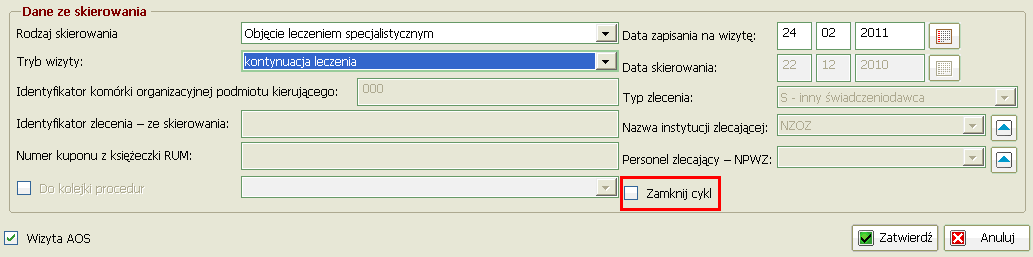 Cykl leczenia W chwili rejestracji na pierwszą wizytę z danego skierowania, zostaje otwarty cykl leczenia.
