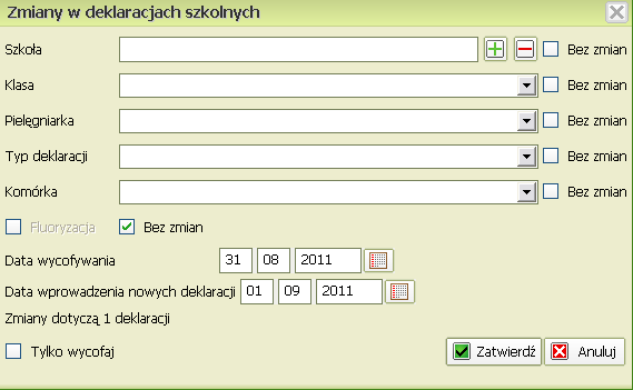 Zmiany w deklaracjach szkolnych Wprowadzanie zmian w deklaracjach szkolnych odbywa się poprzez wybranie opcji Zmiany w deklaracjach Pojawi się okno: Wyszukanie odpowiedniej deklaracji ułatwia opcja