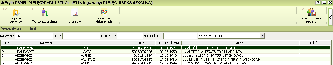 Wyszukiwanie karty pacjenta Bezpośrednio w panelu głównym Rejestratora znajduje się moduł wyszukiwania. Moduł wyszukiwania umożliwia szybkie odnalezienie karty pacjenta w bazie danych systemu.