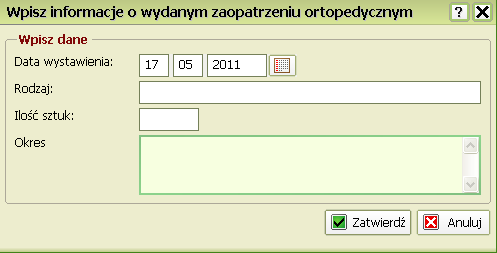 Wprowadzanie informacji o wydanym zaopatrzeniu ortopedycznym W przypadku konieczności wydania pacjentowi zaopatrzenia ortopedycznego pozostającego własnością ZOZ należy wprowadzić do systemu